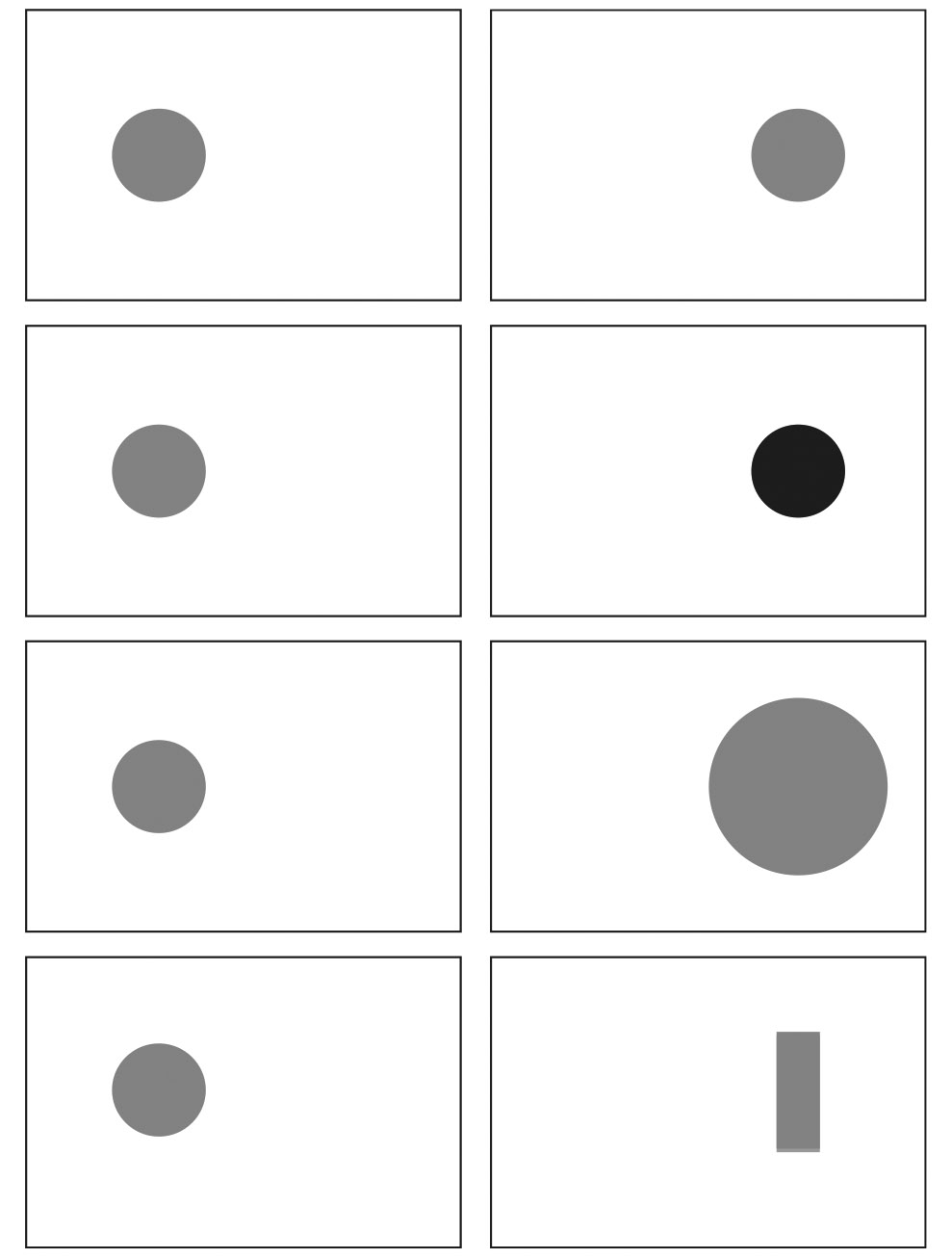 6. ábra: Béta-mozgás. Mindegyik képpár esetében mozgási illúzió keletkezik, ha a baloldalit felcseréljük a jobbal. A legfelső képpárnál úgy tűnik, mintha a kör ide-oda ugrálna. A többinél a tárgy mintha megváltoztatná az árnyalatát, méretét és alakját moz